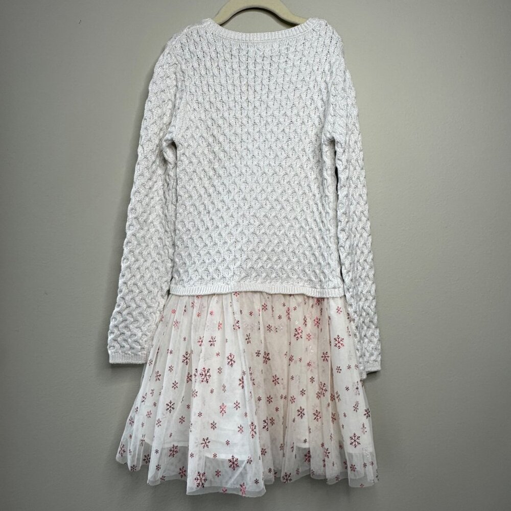 HATLEY Knit Snowflake Sweater Dress Girls 8 Tulle Skirt Winter Sparkle Red Cream - Picture 2 of 8